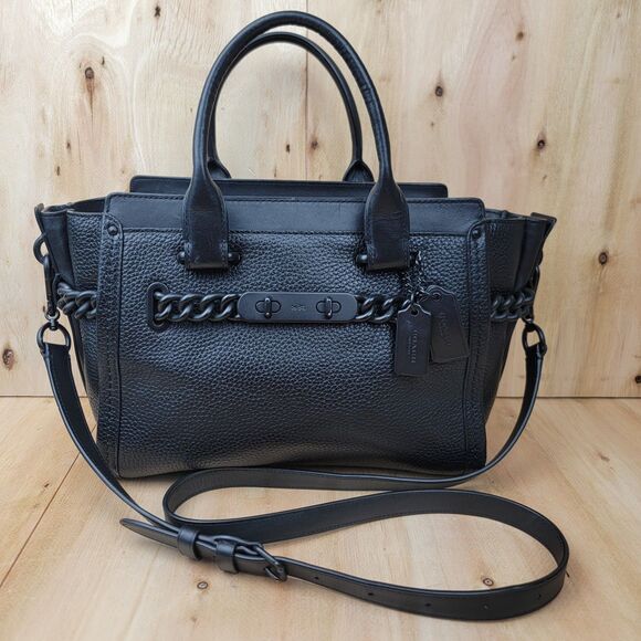 Coach Handbags - Coach Swagger Carryall Black Pebbled Leather Satchel Crossbody Bag Purse